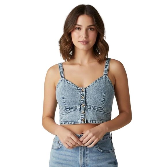 Live 4 Truth Tops - Live 4 Truth‎ Stone Wash Shirred Back Button Front Denim Bralette Cropped Top L